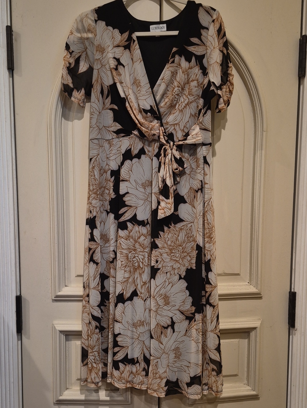 Luxology Black Floral Wrap Dress with Beige Blooms